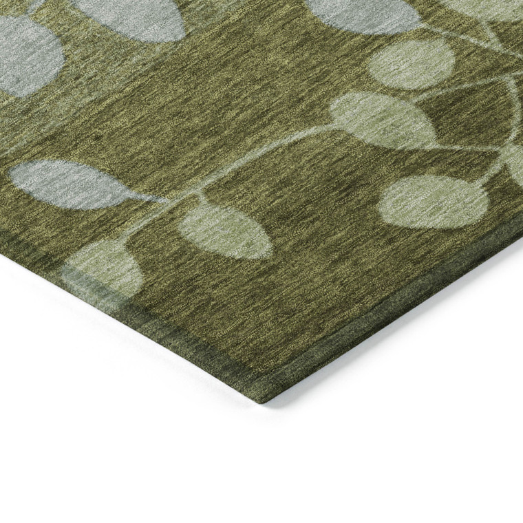 8' Olive Green And Gray Round Floral Washable Indoor Outdoor Area Rug - Olive Green, Gray