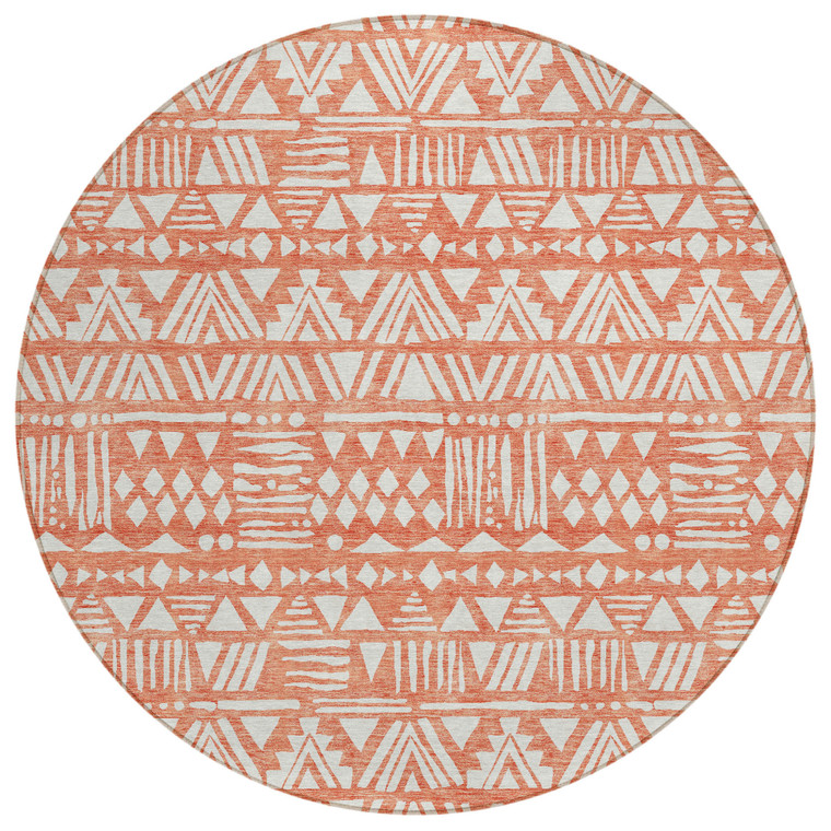 8' Coral And Ivory Round Southwestern Washable Indoor Outdoor Area Rug