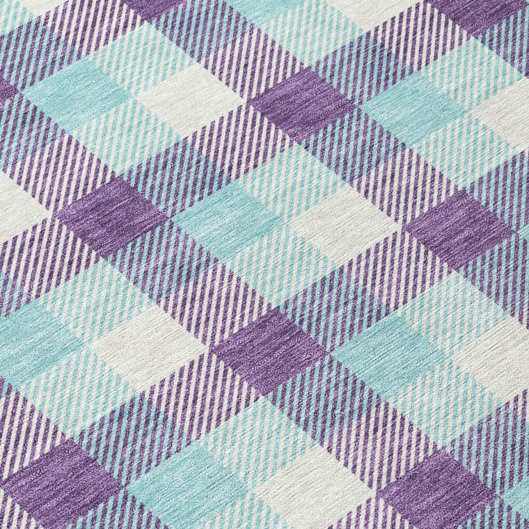 10' X 14' Purple Aqua And Beige Plaid Washable Indoor Outdoor Area Rug