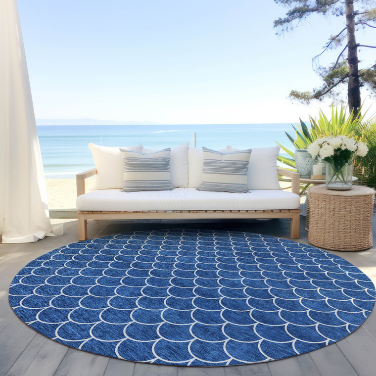 8' Blue And Ivory Round Geometric Washable Indoor Outdoor Area Rug Transitional Style - Blue, Ivory Color