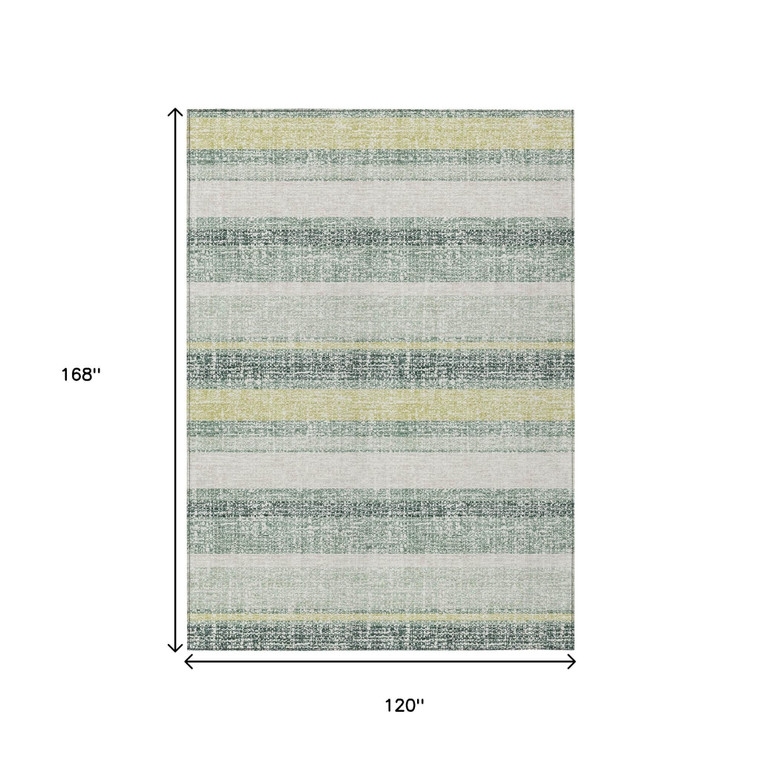 10' X 14' Pale Aqua And Lime Green Striped Washable Indoor Outdoor Area Rug
