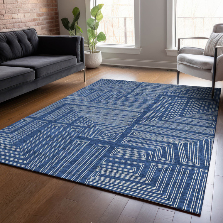 9' X 12' Navy Blue And Ivory Geometric Washable Indoor Outdoor Area Rug Transitional Style - Navy Blue, Ivory Color