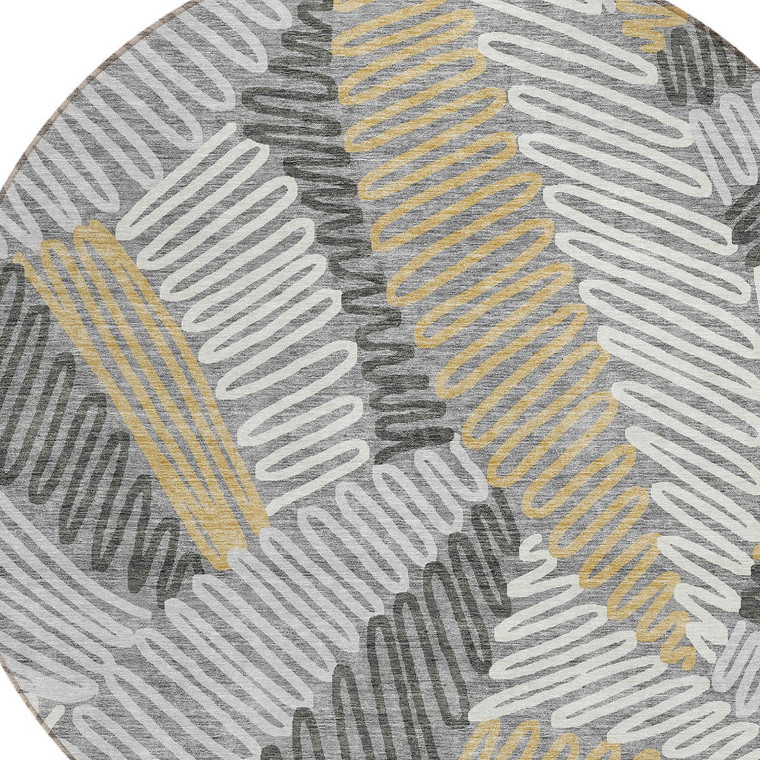 8' Gray Beige And Ivory Round Floral Washable Indoor Outdoor Area Rug