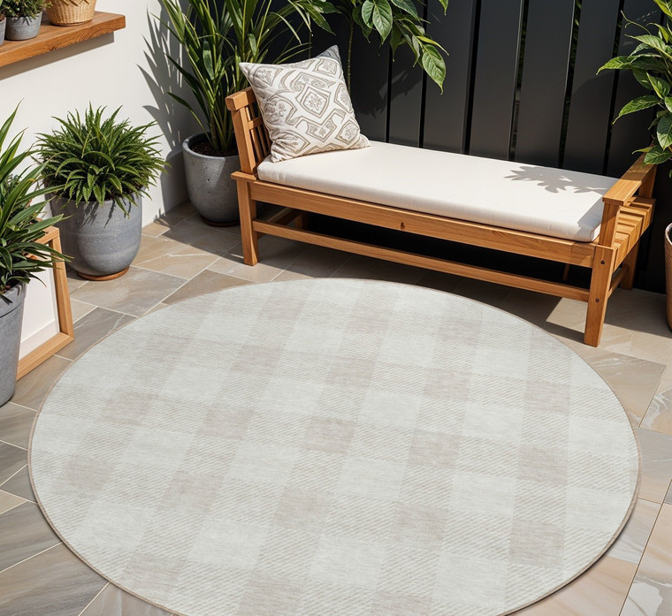 8' Ivory And Beige Round Plaid Washable Indoor Outdoor Area Rug