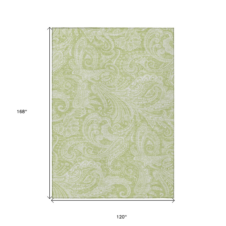 10' X 14' Green And Ivory Paisley Washable Indoor Outdoor Area Rug