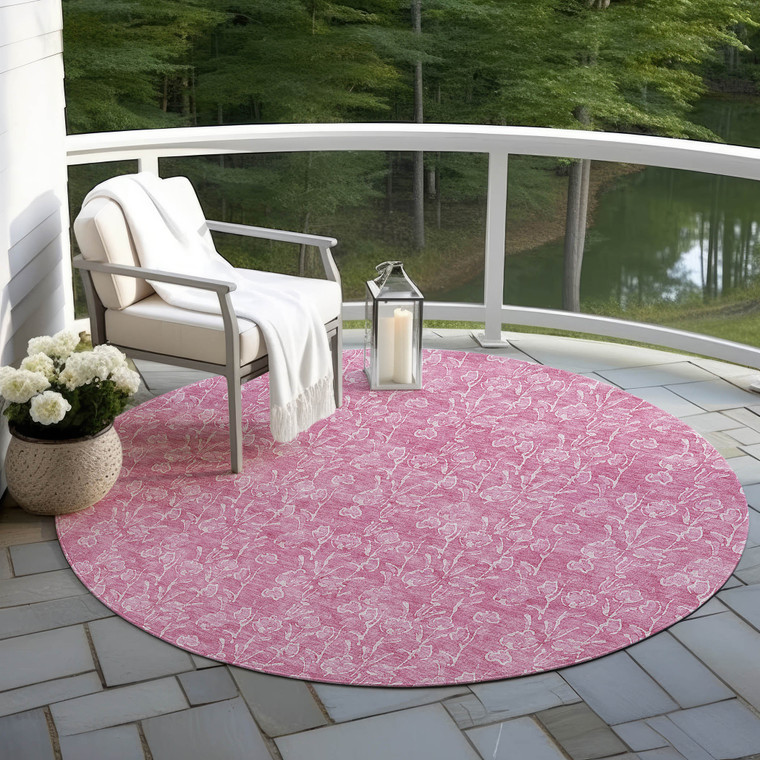 8' Blush And Ivory Round Floral Washable Indoor Outdoor Area Rug