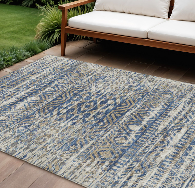 8' X 10' Blue And Beige Moroccan Washable Indoor Outdoor Area Rug