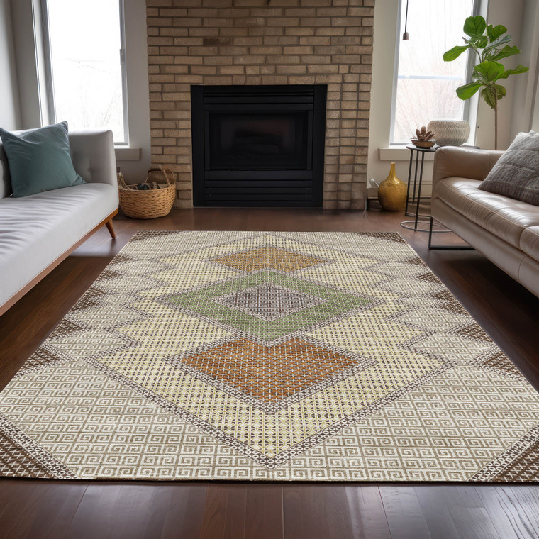 9' X 12' Brown Copper And Fern Green Geometric Washable Indoor Outdoor Area Rug