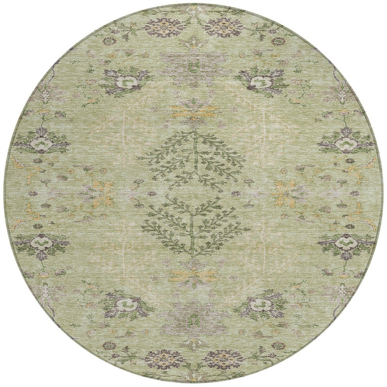 8' Artichoke Green Brown And Beige Round Floral Washable Indoor Outdoor Area Rug