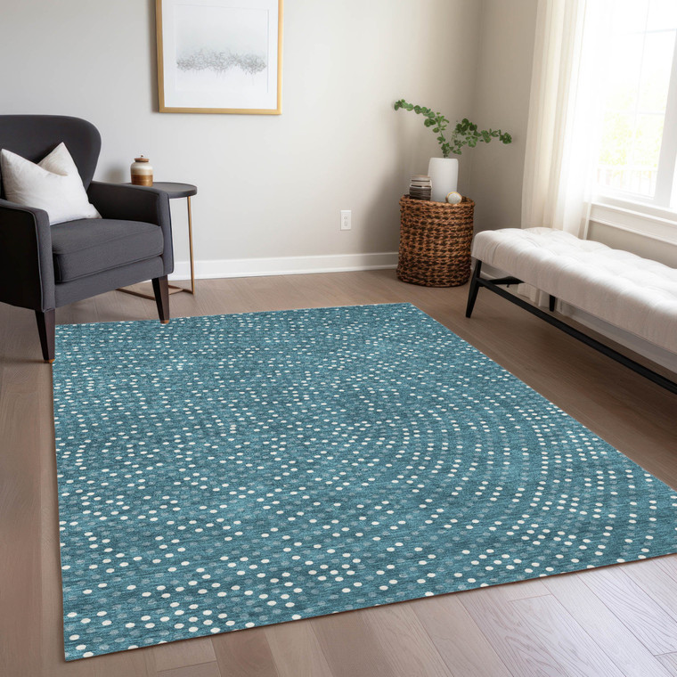 9' X 12' Teal Blue Gray And Ivory Polka Dot Washable Indoor Outdoor Area Rug - Teal Blue, Gray, Ivory