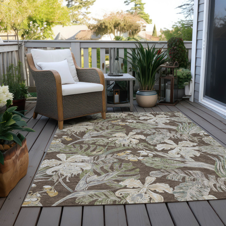 8' X 10' Brown Beige And Olive Green Botanical Leaves Washable Indoor Outdoor Area Rug