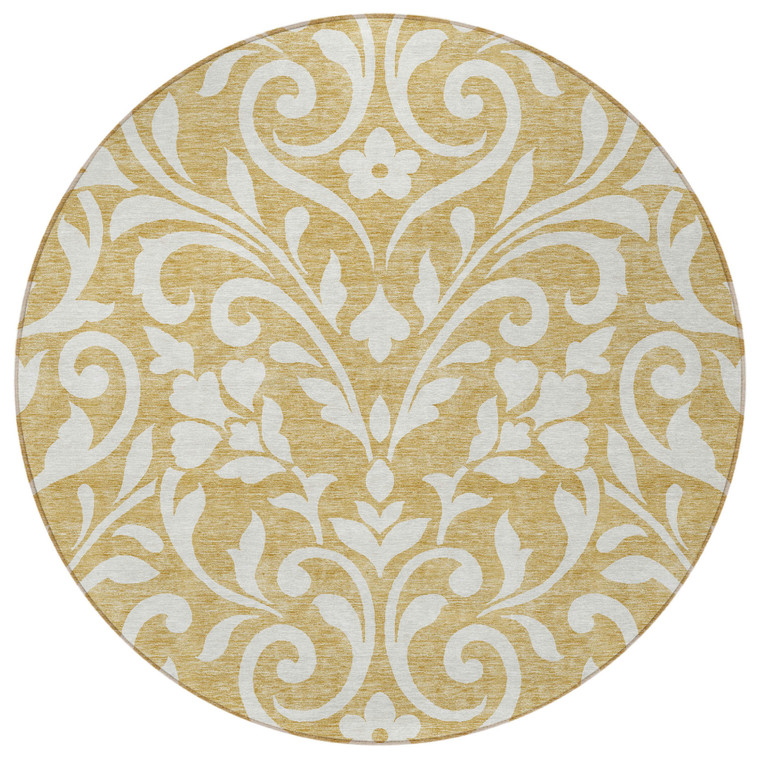 8' Gold And Beige Round Floral Washable Indoor Outdoor Area Rug