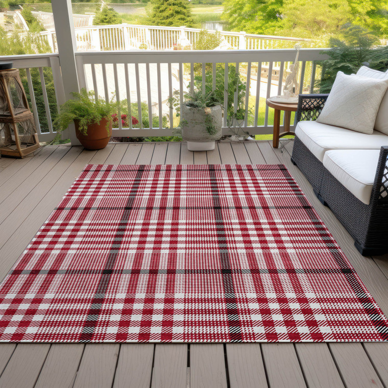 9' X 12' Red Black And Ivory Plaid Washable Indoor Outdoor Area Rug
