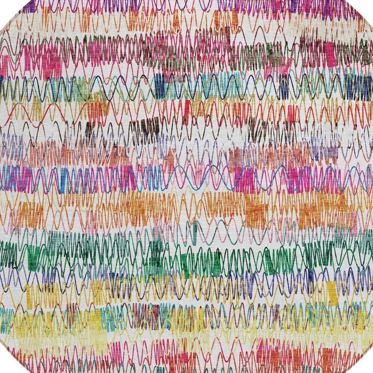 8' Green Ivory And Purple Round Striped Washable Indoor Outdoor Area Rug