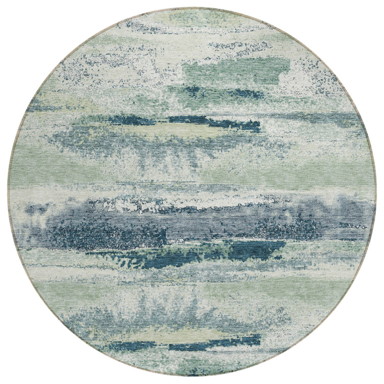 8' Mint Green Ivory And Denim Blue Round Abstract Washable Indoor Outdoor Area Rug