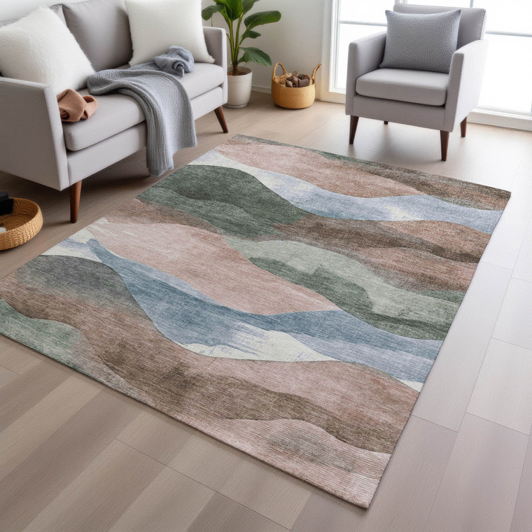 10' X 14' Salmon And Emerald Abstract Washable Indoor Outdoor Area Rug