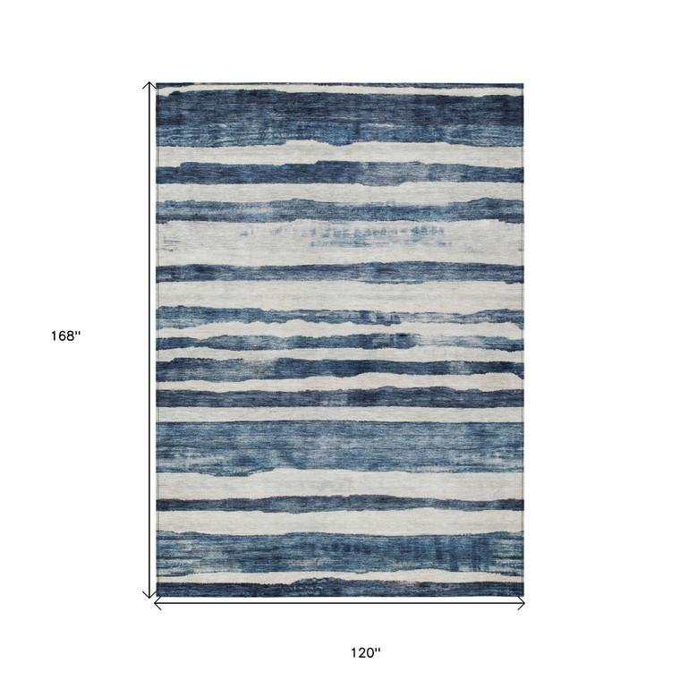 10' X 14' Denim Blue And Gray Striped Washable Indoor Outdoor Area Rug Transitional Style - Denim Blue, Gray Color