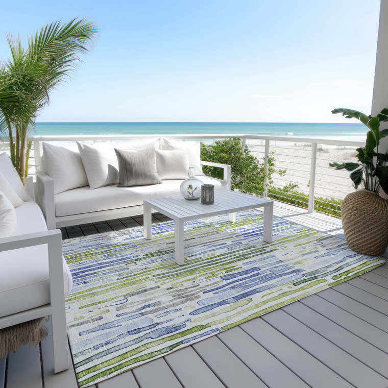 9' X 12' Sky Blue And Fern Green Striped Washable Indoor Outdoor Area Rug