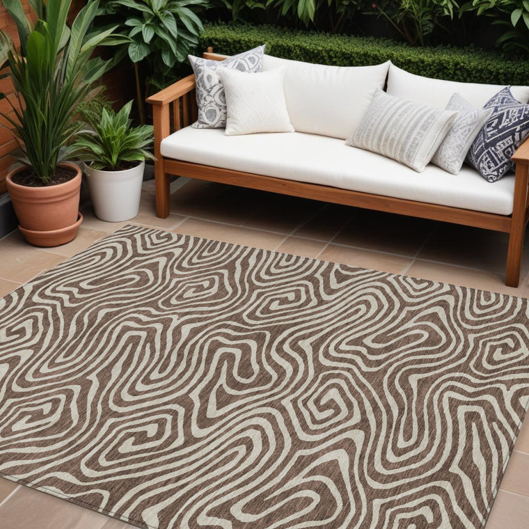 10' X 14' Brown And Beige Abstract Washable Indoor Outdoor Area Rug Transitional Style - Brown, Beige Color