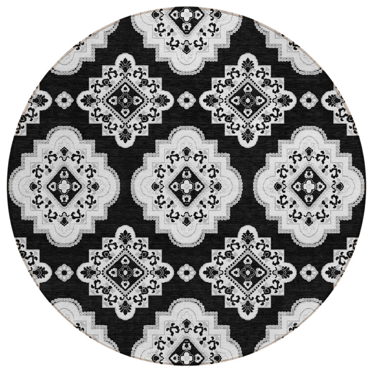 8' Black And Ivory Round Medallion Washable Indoor Outdoor Area Rug - Black, Ivory