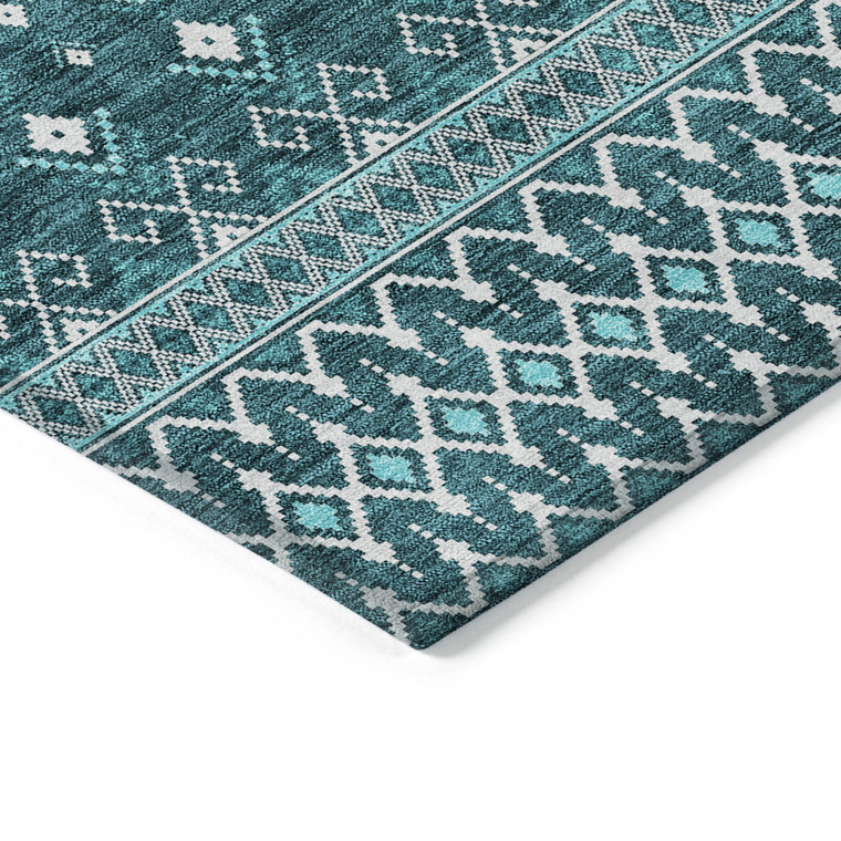 8' X 10' Teal Blue Aqua And Ivory Tribal Washable Indoor Outdoor Area Rug