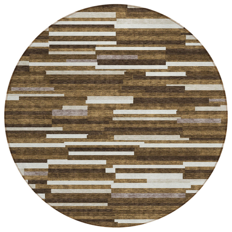 8' Brown And Ivory Round Striped Washable Indoor Outdoor Area Rug - 608219018641