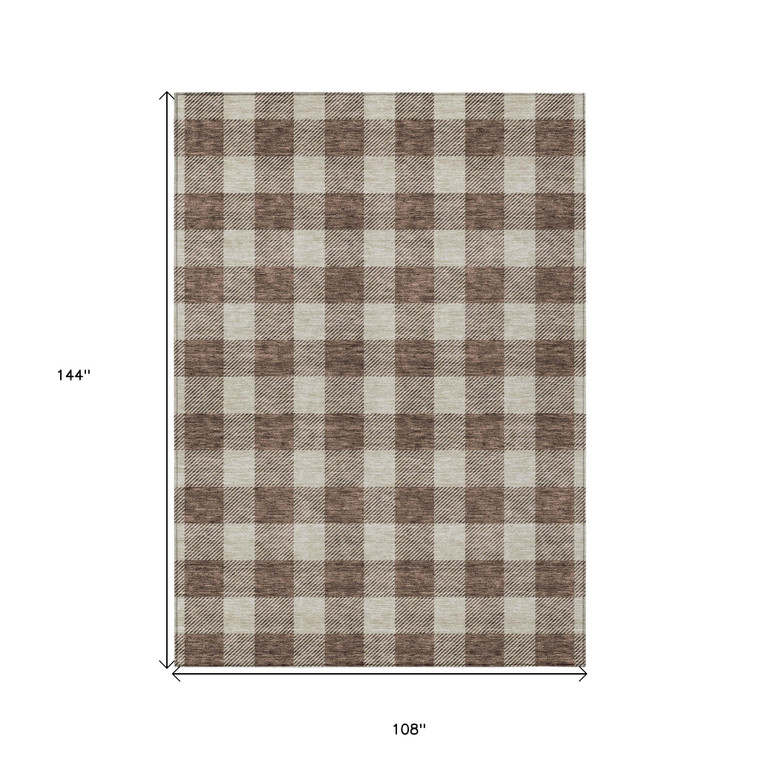 9' X 12' Brown And Beige Plaid Washable Indoor Outdoor Area Rug