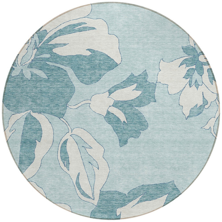 8' Teal Blue Aqua And Ivory Round Floral Washable Indoor Outdoor Area Rug Transitional Style - Teal Blue, Aqua, Ivory Color