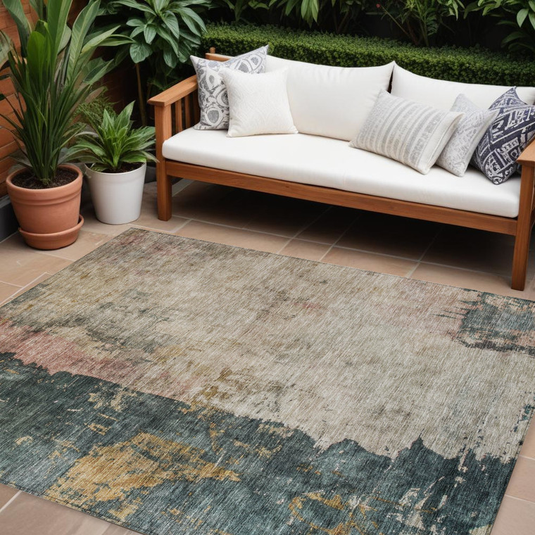10' X 14' Taupe Blue And Lavender Abstract Washable Indoor Outdoor Area Rug