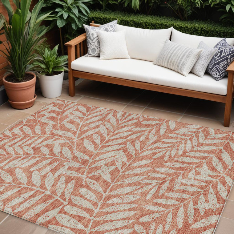 10' X 14' Salmon And Gray Floral Washable Indoor Outdoor Area Rug