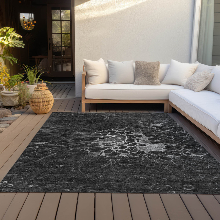 9' X 12' Charcoal Gray And Silver Abstract Washable Indoor Outdoor Area Rug - Charcoal, Gray, Silver