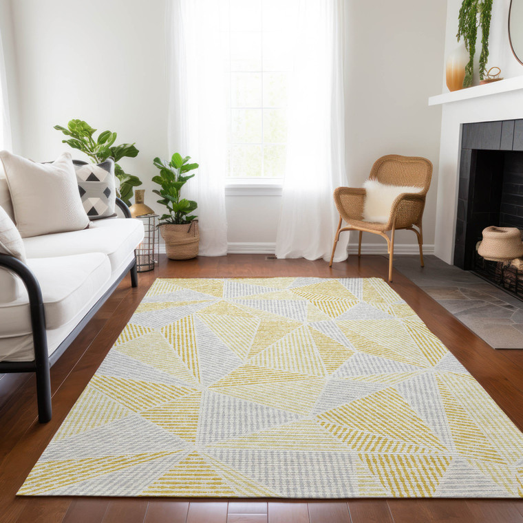 9' X 12' Gold Gray And Wheat Geometric Washable Indoor Outdoor Area Rug