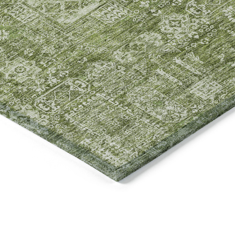 9' X 12' Artichoke Green And Ivory Oriental Washable Indoor Outdoor Area Rug