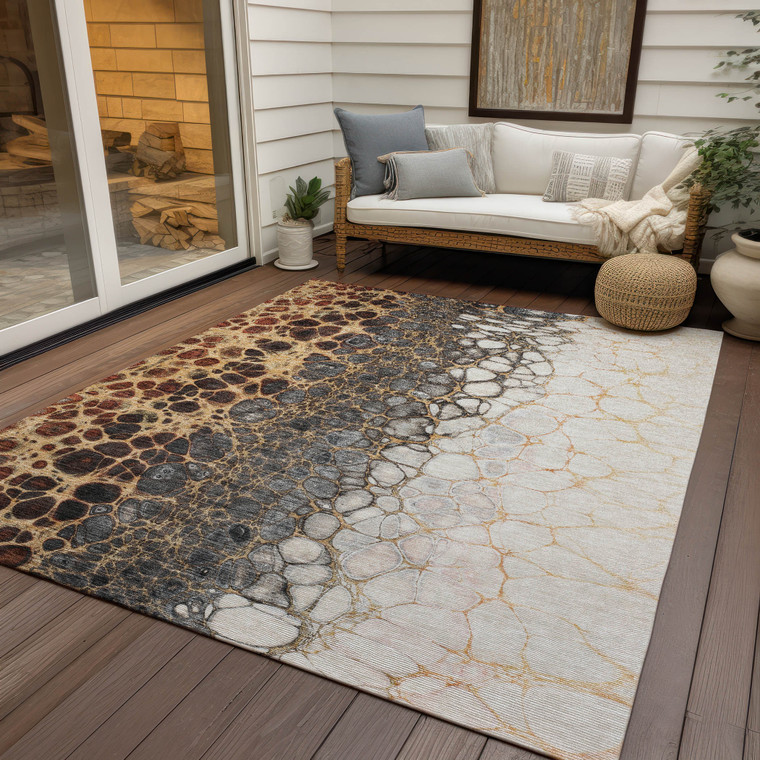 8' X 10' Ivory Gray And Gold Abstract Washable Indoor Outdoor Area Rug