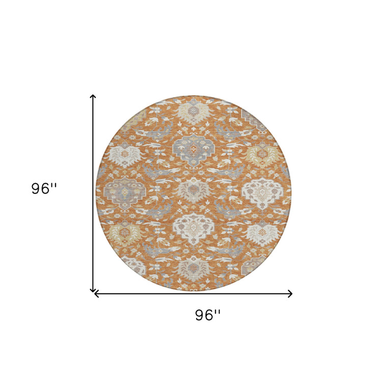 8' Copper Ivory And Gray Round Damask Washable Indoor Outdoor Area Rug