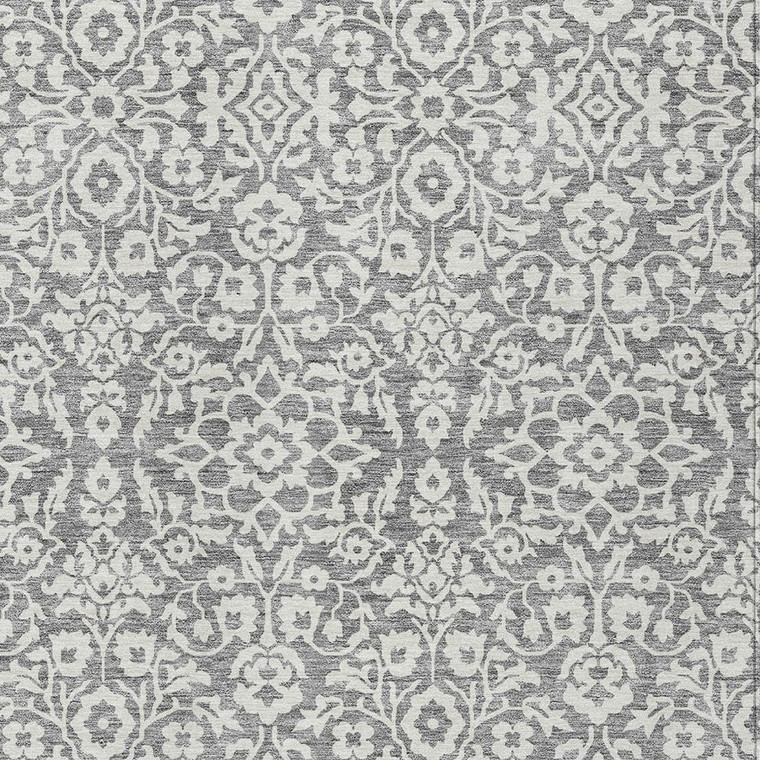 10' X 14' Gray And Ivory Damask Washable Indoor Outdoor Area Rug