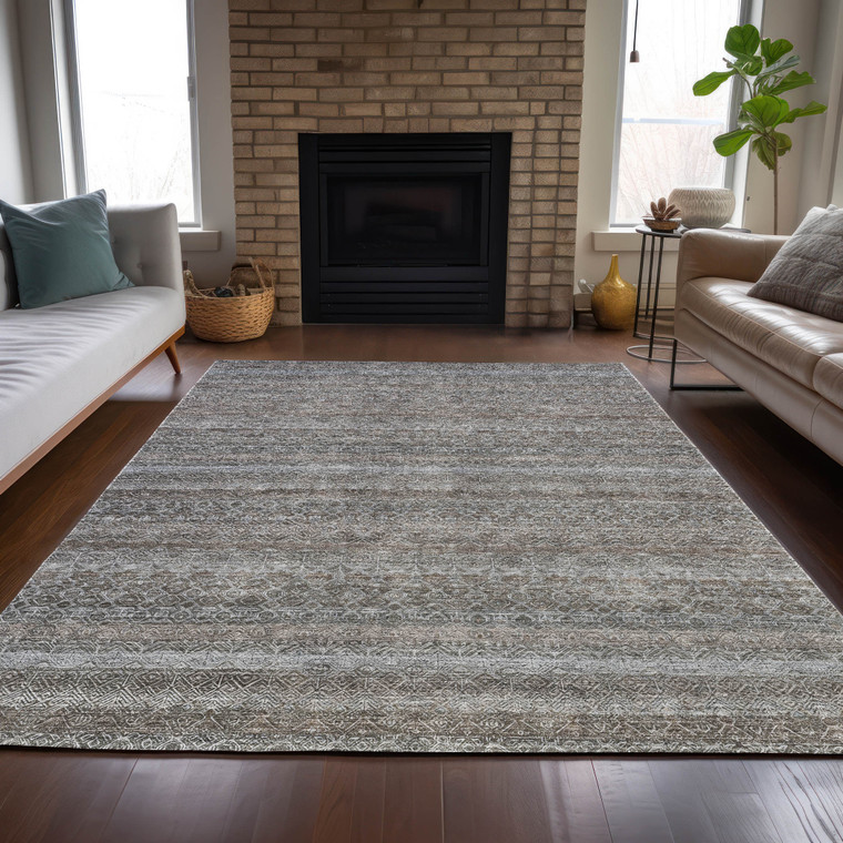 8' X 10' Brown And Beige Striped Washable Indoor Outdoor Area Rug - Brown, Beige