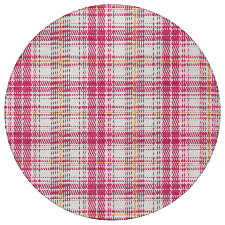 8' Blush Ivory And Copper Round Plaid Washable Indoor Outdoor Area Rug