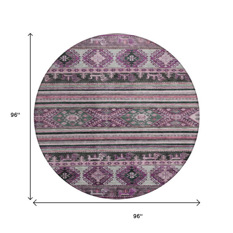 8' Purple Plum And Gray Round Tribal Washable Indoor Outdoor Area Rug