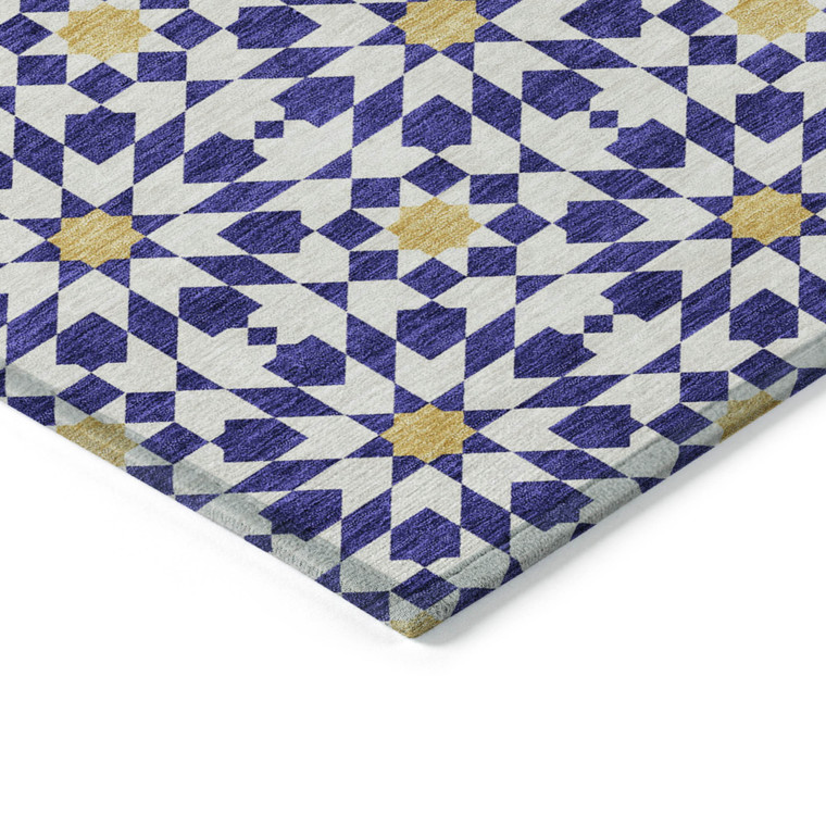 9' X 12' Navy Blue And Ivory Floral Medallion Washable Indoor Outdoor Area Rug