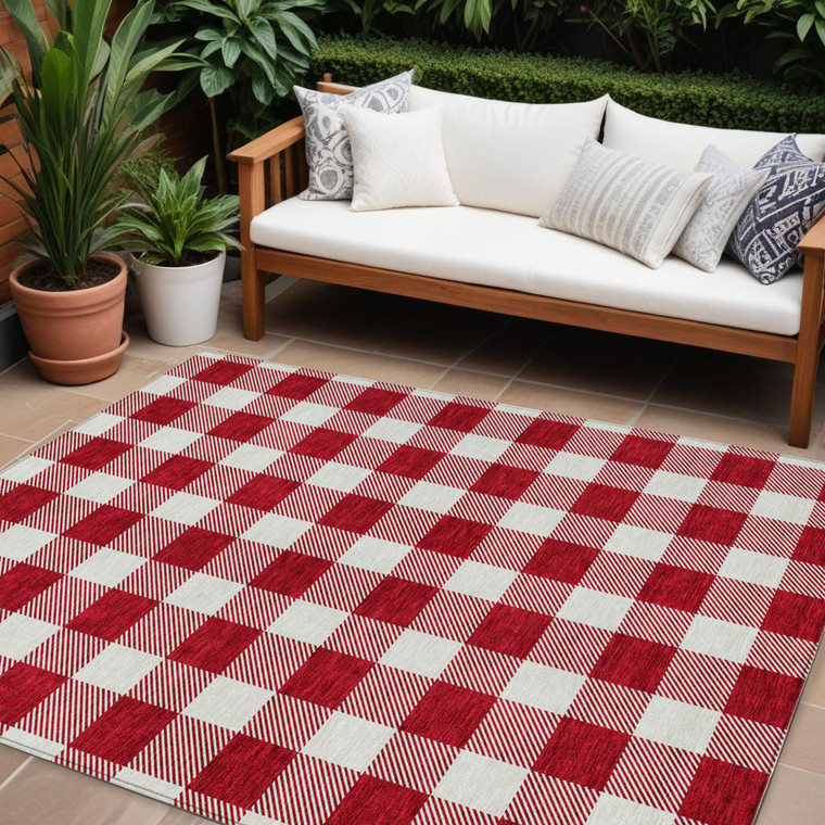 10' X 14' Red And Ivory Plaid Washable Indoor Outdoor Area Rug