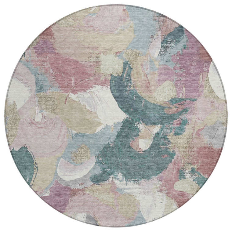 8' Mauve Beige And Sage Round Abstract Washable Indoor Outdoor Area Rug