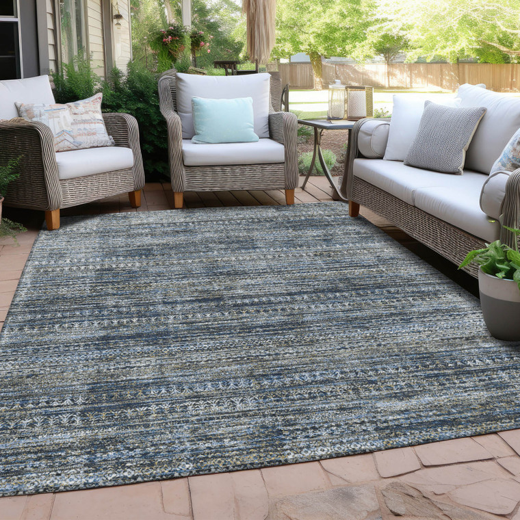 10' X 14' Denim Blue And Ivory Striped Washable Indoor Outdoor Area Rug - 880016414172