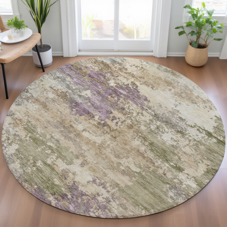 8' Beige Green And Purple Round Abstract Washable Indoor Outdoor Area Rug