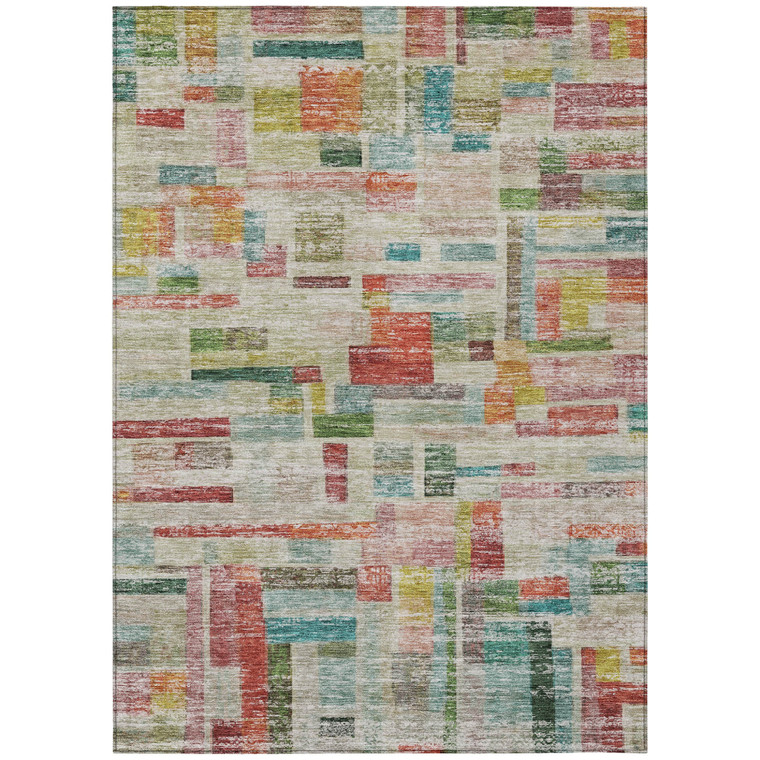 9' X 12' Terra Cotta Green And Brown Striped Washable Indoor Outdoor Area Rug