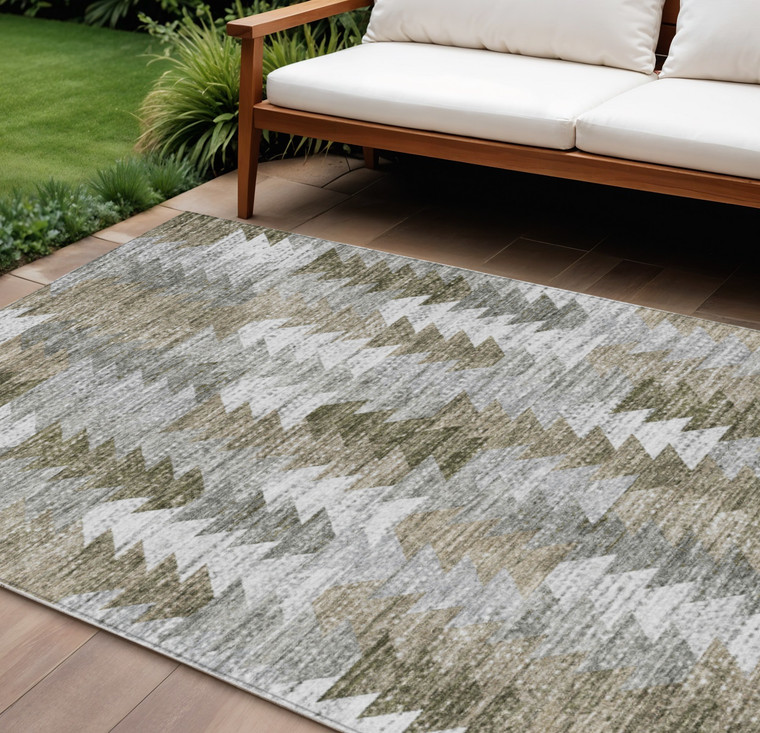 10' X 14' Brown Beige And Gray Geometric Washable Indoor Outdoor Area Rug