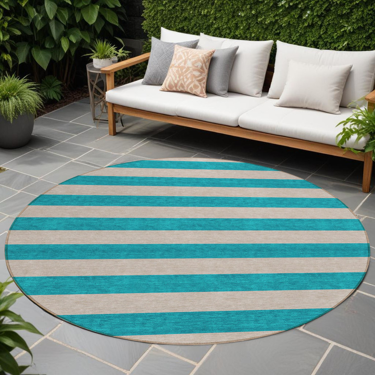 8' Round Turquoise Round Striped Washable Non Skid Indoor Outdoor Area Rug - Turquoise