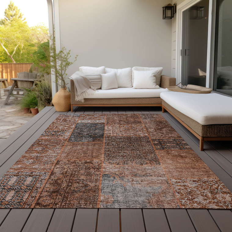 8' X 10' Terra Cotta Copper And Charcoal Patchwork Washable Indoor Outdoor Area Rug