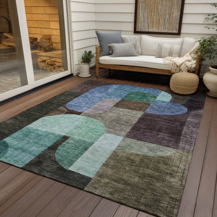 10' X 14' Brown Blue And Green Abstract Washable Indoor Outdoor Area Rug