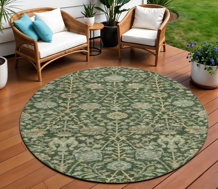 8' Green Tan And Gray Round Floral Washable Indoor Outdoor Area Rug